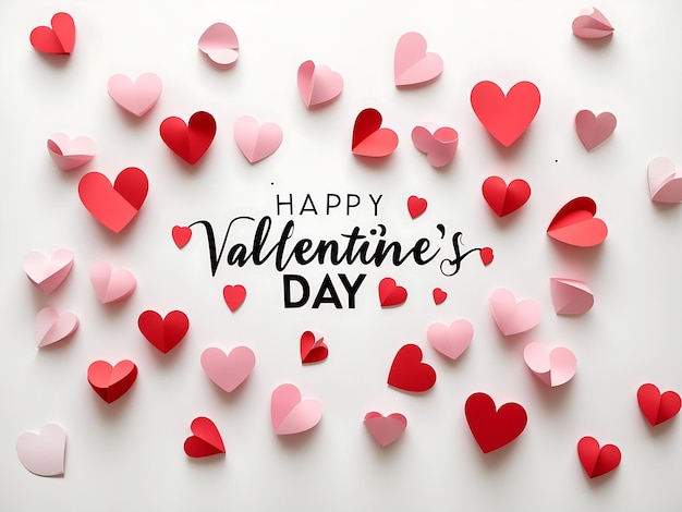 Happy Valentine's Day text with cutout paper hearts on white background 3D Rendering 3D