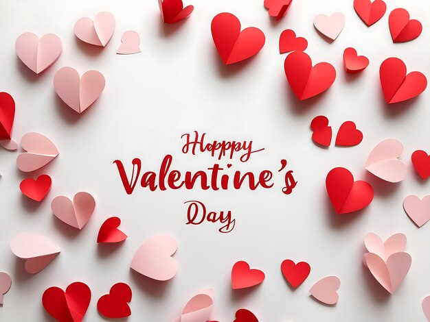 Happy Valentine's Day text with cutout paper hearts on white background 3D Rendering 3D