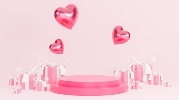 Happy valentine's day with podium for product presentation and hearts and gift box 3d objects on pink background.