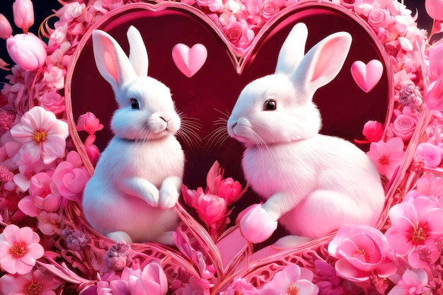 Happy valentine's greeting card concept of love confession A couple of very cute bunnies