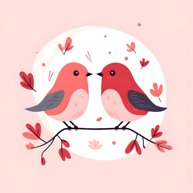 Счастливого Дня Святого Валентина Поздравительная карточка с парой влюбленных птиц на ветке в плоском стиле
