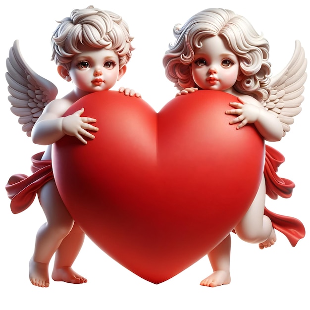 Фото Счастливого дня святого валентина 3d большое красное сердце и купидон мальчик и девушка стоят улыбаясь с каждой стороны на белом фоне