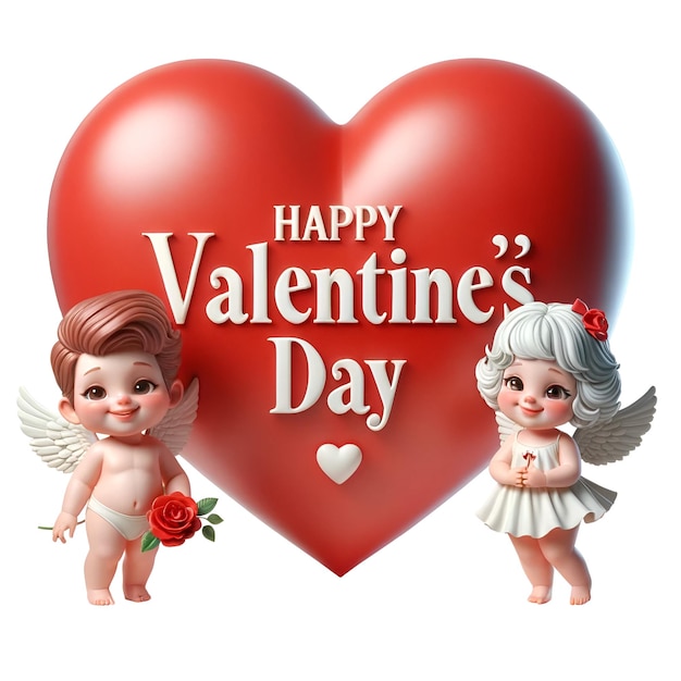 Happy Valentines Day 3D big red heart Happy Valentines Day and a boy and girl Cupid standing smiling on each side on a white background