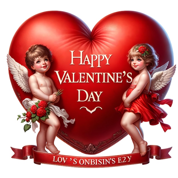 Happy valentines day 3d big red heart happy valentines day and a boy and girl cupid standing smiling on each side on a white background