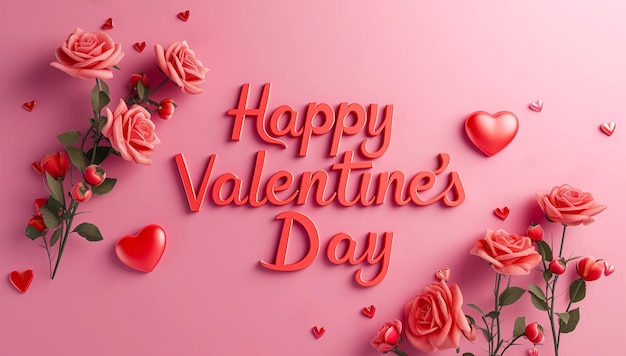 happy valentines day 3d text with decorations red roses and red hearts