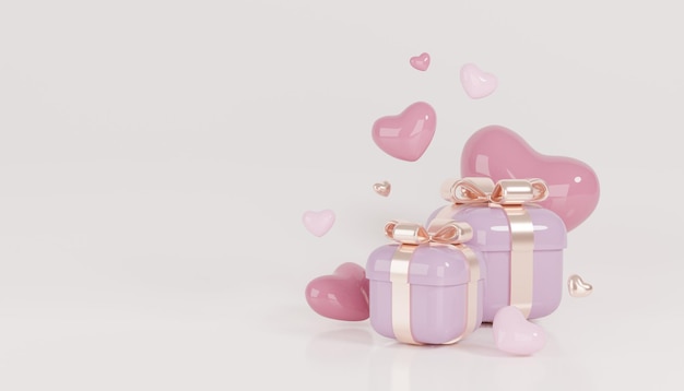 Happy Valentines day background with love hearts balloons and gift boxes Purple theme 3D render