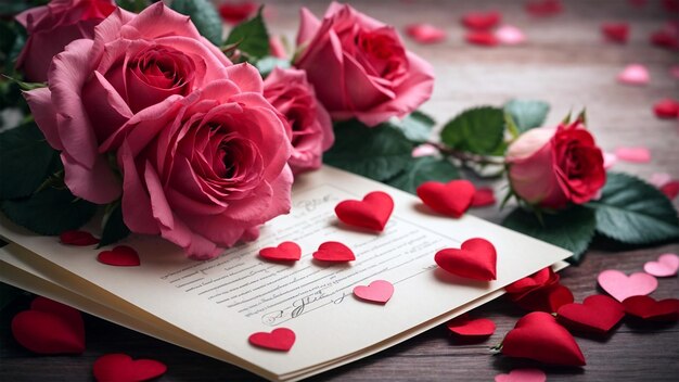 ハッピーバレンタインデーの背景にバラの花とアンプハート