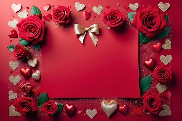 Happy Valentines day Background with roses ribbon bow and hearts on glittering red paper with copyspace Love concept Flat lay