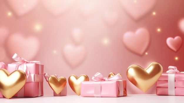 写真 ハッピーバレンタインデーのバナー ピンクとゴールドのハートフォイルの風船で ピンクのバレンタインデーの背景にプレゼントがあります