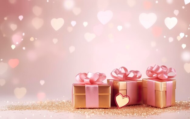 Happy Valentines Day banner Pink and gold hearts foil balloons with gifts on pink bokeh Valentine's Day background Romantic banner Background empty space for text AI Generative