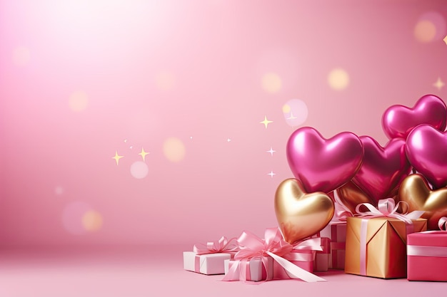 Happy valentines day banner Pink and gold hearts foil balloons with gifts on pink Valentines Day ba