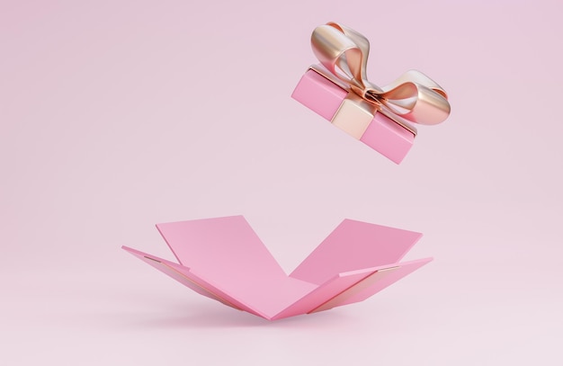 Happy valentines day banner with open pink gift box on pink background3d model and illustration