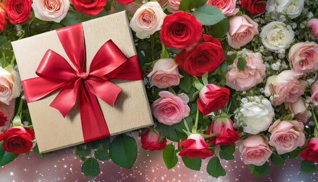 Happy Valentines Day banners Top view on gift box and bow with beautiful backdrop of roses