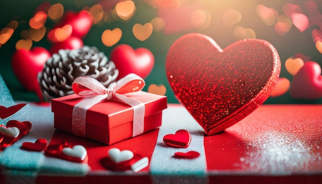 Happy valentines day concept with red gift box and heart shape background Valentine's scene with a r