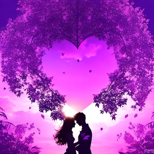 Happy valentines day a couple silhouette hugging on an evening purple background