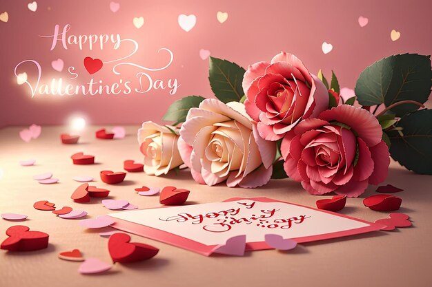Happy valentines day Day Text written by pink rose in soft light background abstract red love shape