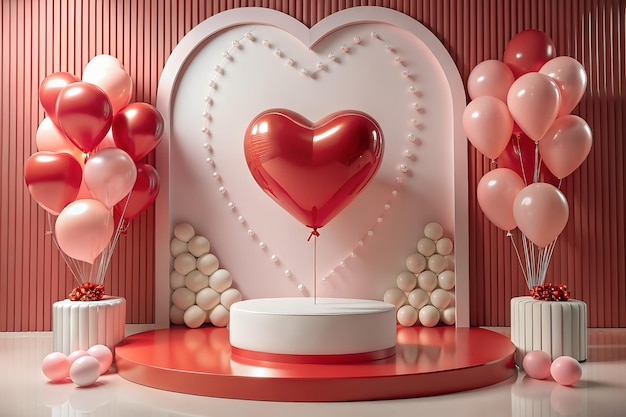 Happy valentines day decoration with heart shape balloon with Empty Podium Valentines Day 3d