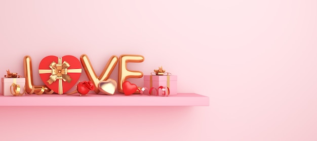 Happy valentines day decoration with shelf, heart shape gift box, love balloon