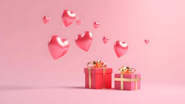 Happy Valentines day gift box with hearts decorations on pink background with copy space
