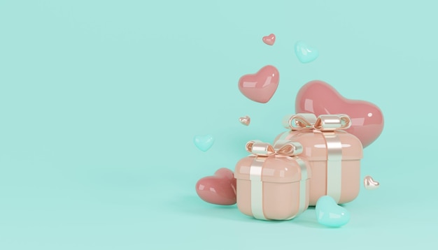 Happy Valentines day groene achtergrond met liefde harten ballonnen en geschenkdozen 3D render