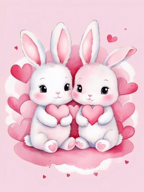 Happy Valentines Day holiday card design with cute kawaii cartoon rabbits with hearts Watercolor art