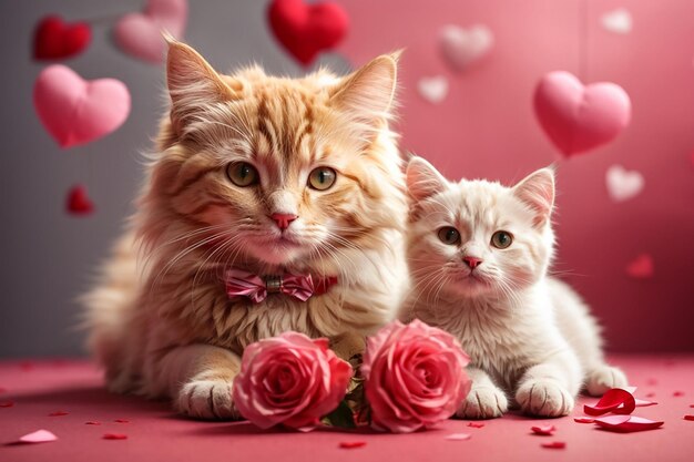 Happy valentines day Lovely cat and dog Romantic concept Celebration of 14 February Hand drawn vector illustration on pink background Best for websites banners or printing