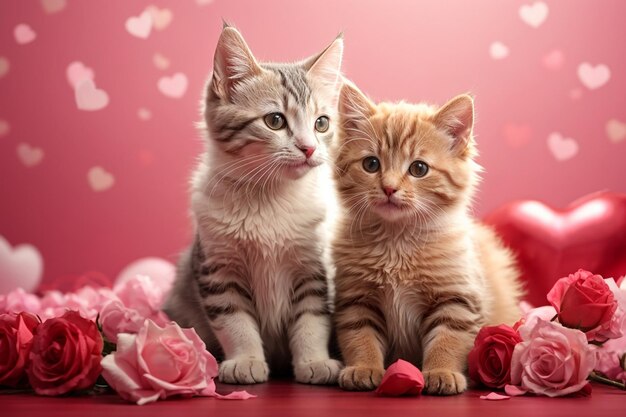 Happy valentines day Lovely cat and dog Romantic concept Celebration of 14 February Hand drawn vector illustration on pink background Best for websites banners or printing