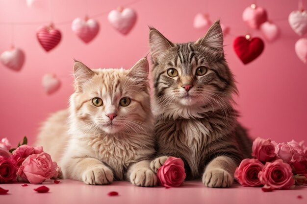 Happy valentines day Lovely cat and dog Romantic concept Celebration of 14 February Hand drawn vector illustration on pink background Best for websites banners or printing