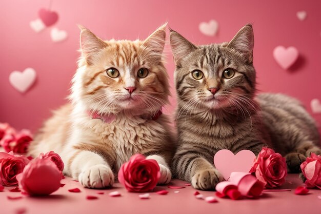 Happy valentines day Lovely cat and dog Romantic concept Celebration of 14 February Hand drawn vector illustration on pink background Best for websites banners or printing