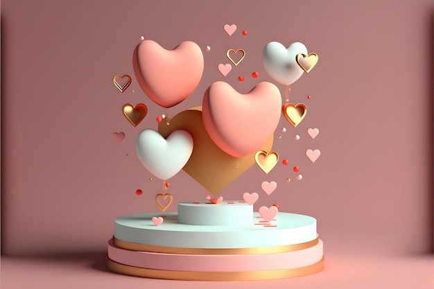 Happy valentines day podium decoration with heart shape balloon, gift box, confetti, 3D rendering