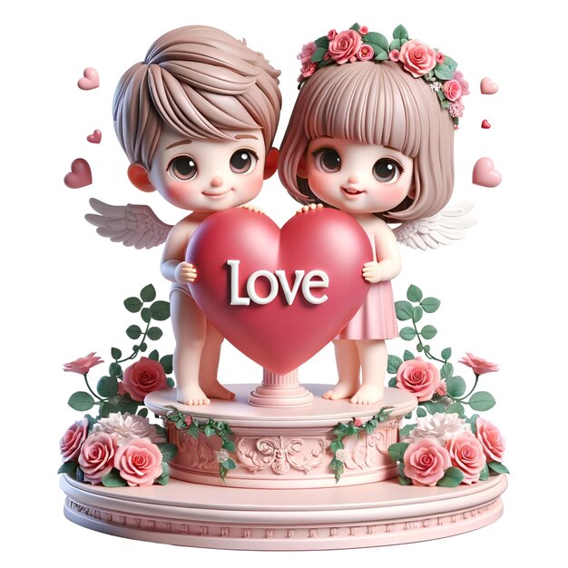 Photo happy valentines day3d cupid boy and girl stand smiling on a pastel pink twotiered podium decorated with roses and vinesand holding a large red heart write the message  love  white background