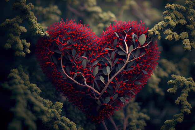 Photo happy valentines red heart on bush or shrub