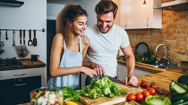 Photo happy vegan couple cooking together