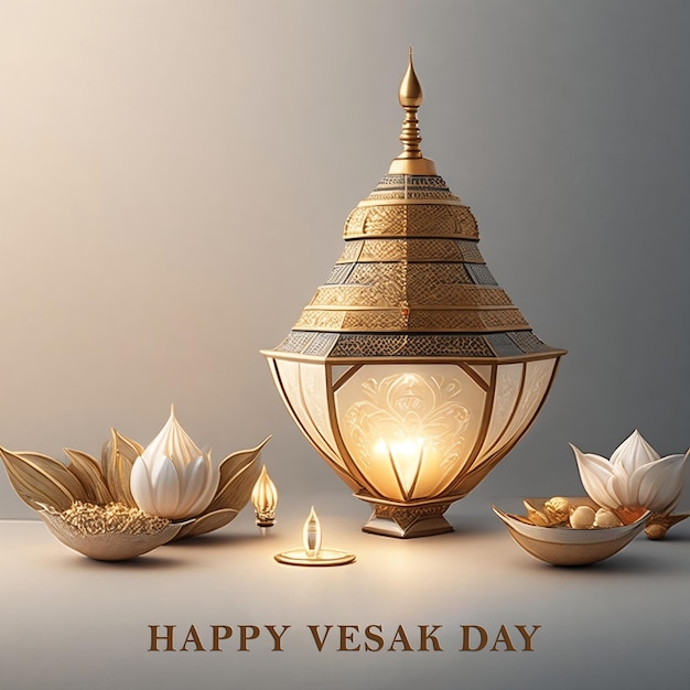 Happy Vesak Day Greetings picture with lamp and flowers Generative AI