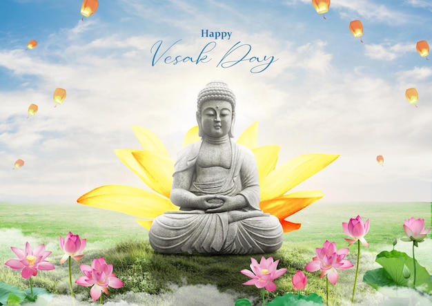 happy vesak day serene buddha and lotus celebration