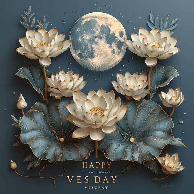 Happy vesak day text on circle full moon and lotus sign banner vector design
