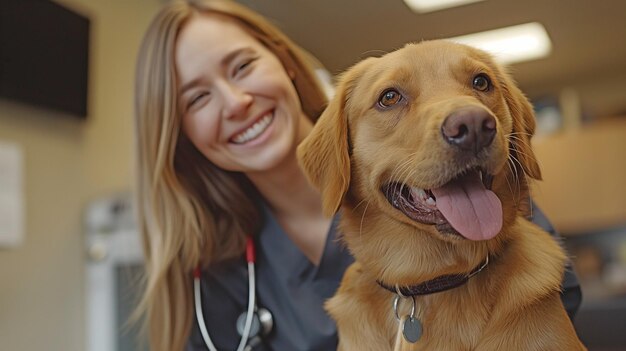 A happy vet checking out a lovely dog