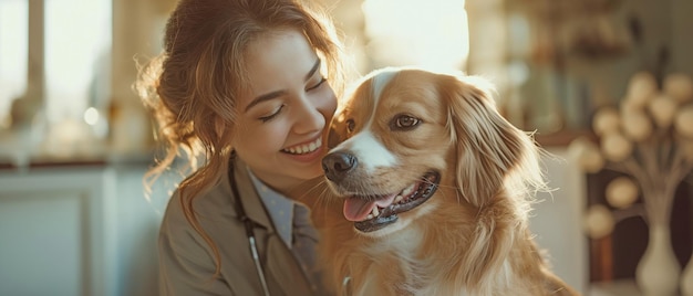 A happy vet checking out a lovely dog