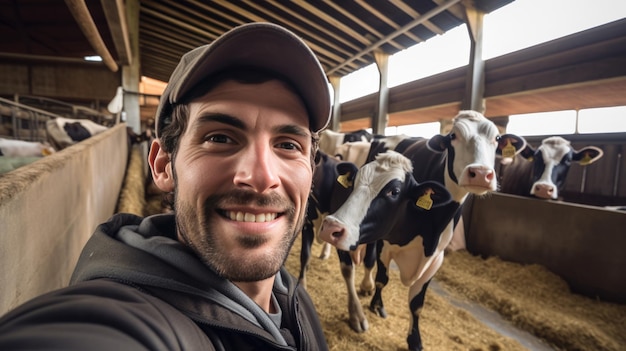 제너레이티브 AI 기술로 만든 농장에서 소와 셀카를 찍으며 웃는 행복한 수의사 남자