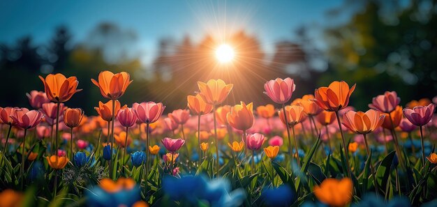 Фото Счастливое живое поле весенних цветов, купающееся в солнечном свете с величественными горами на заднем плане.