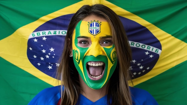 Happy victory scream fan support brazil national team with painted face isolated on white backgroun