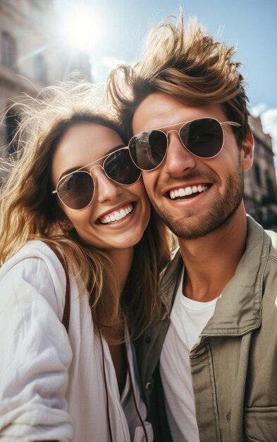 A happy vogue fashion couple taking selfies with bright solid light color clothes in summer