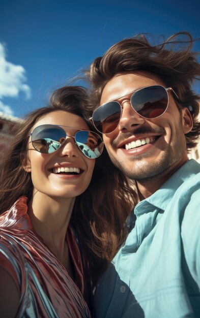 A happy vogue fashion couple taking selfies with bright solid light color clothes in summer