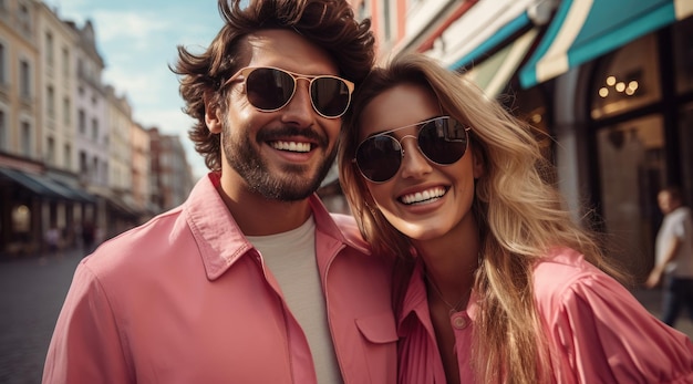 A happy vogue fashion couple taking selfies with bright solid light color clothes in summer