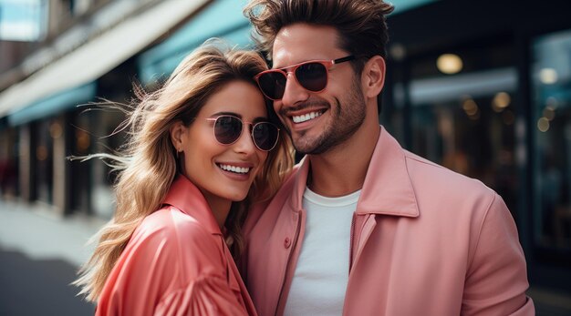 A happy vogue fashion couple taking selfies with bright solid light color clothes in summer