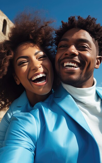 A happy vogue fashion couple taking selfies with bright solid light color clothes in summer