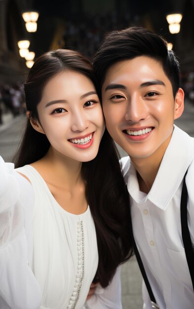 A happy vogue fashion couple taking selfies with bright solid light color clothes in summer