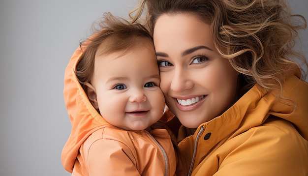 happy vogue fashion mother wearing lovingly embracing her kid Bright solid light background