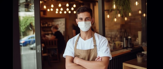 happy waiter with protective face mask holding open sign while standing at cafe doorway
