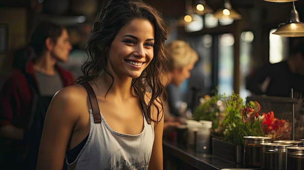 Happy waitress brewing fresh coffee for a customer in a coffee shop